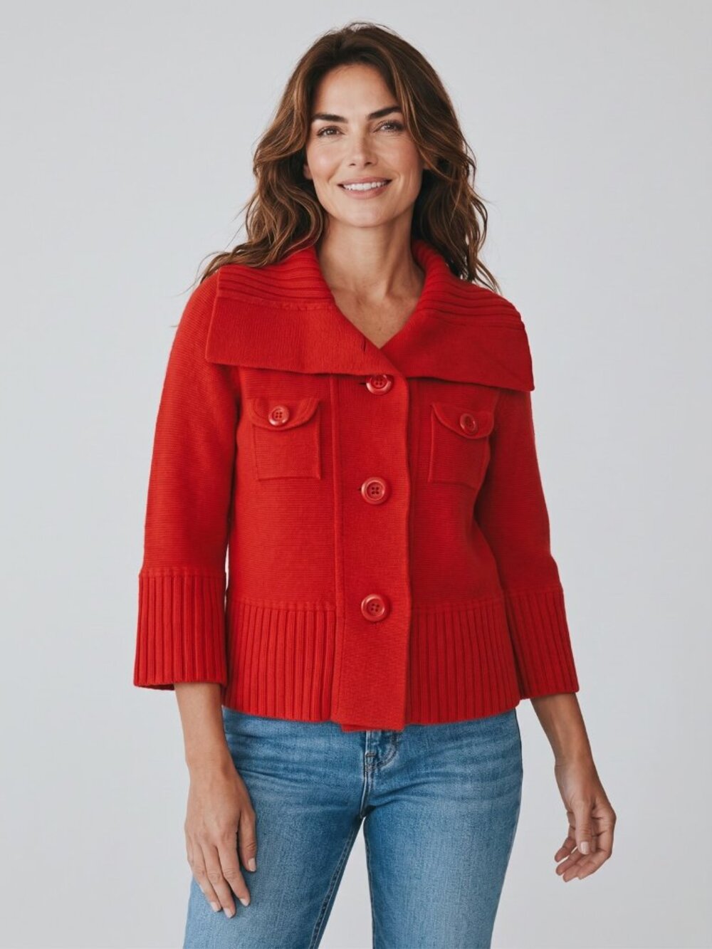 Red Orange Wool Cropped Swing Jacket Portrait Collar Bell Cuff